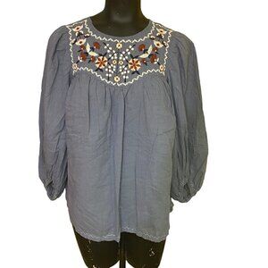 Max Studio Blue Embroidered Cotton Tunic Top Size Medium